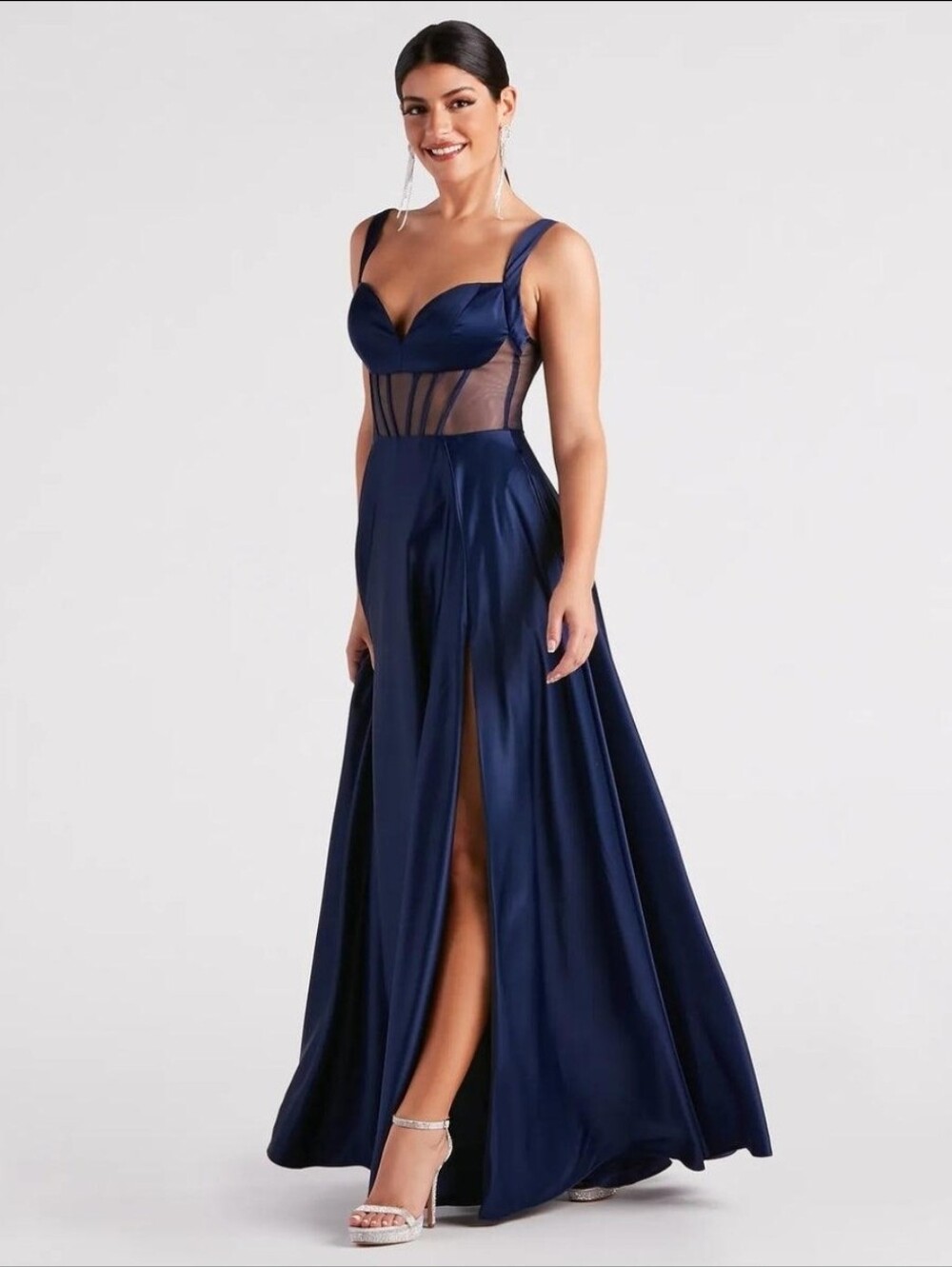NWT Windsor Katheryn Satin Corset A-Line Formal Dress Size 7 Navy